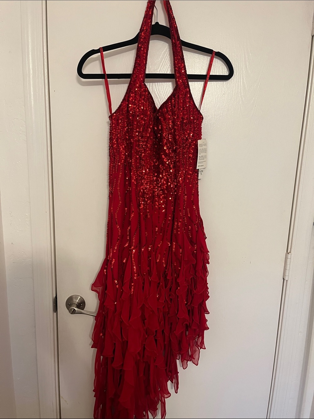 NWT Scala  Silk beaded Red Sequin halter dress a symmetrical jellyfish hem Y2K